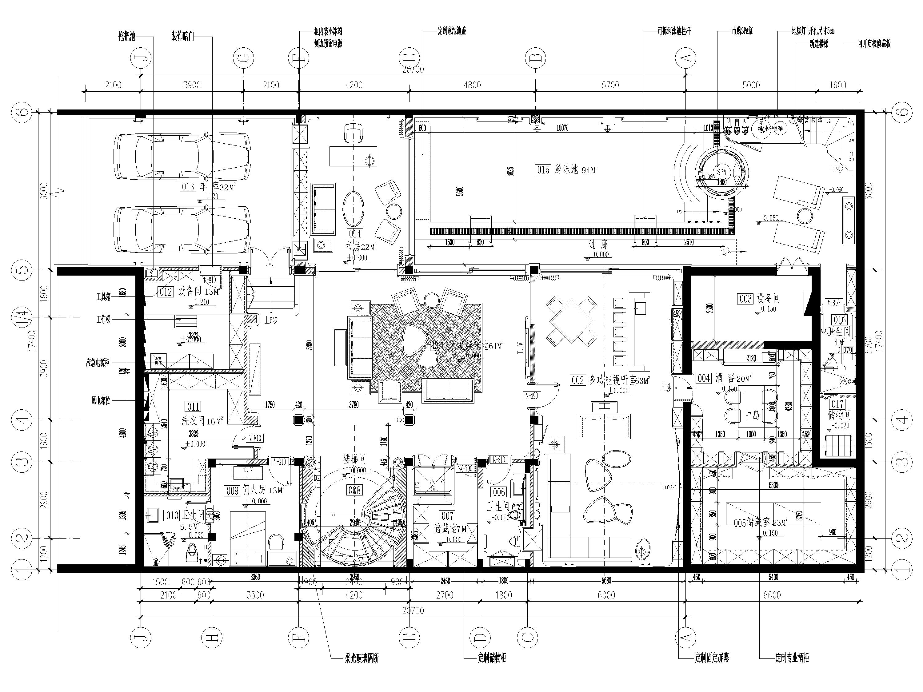 [江蘇]1200㎡二層五居室別墅設計全套施工圖-負一層平面佈置圖