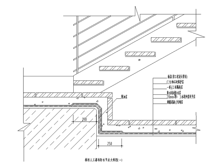 各式水池防水构造大样图CAD-梯形人工瀑布防水节点大样图