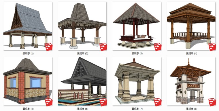 景观亭景观资料下载-30组东南亚风格泰式景观亭凉亭木结构SU模型
