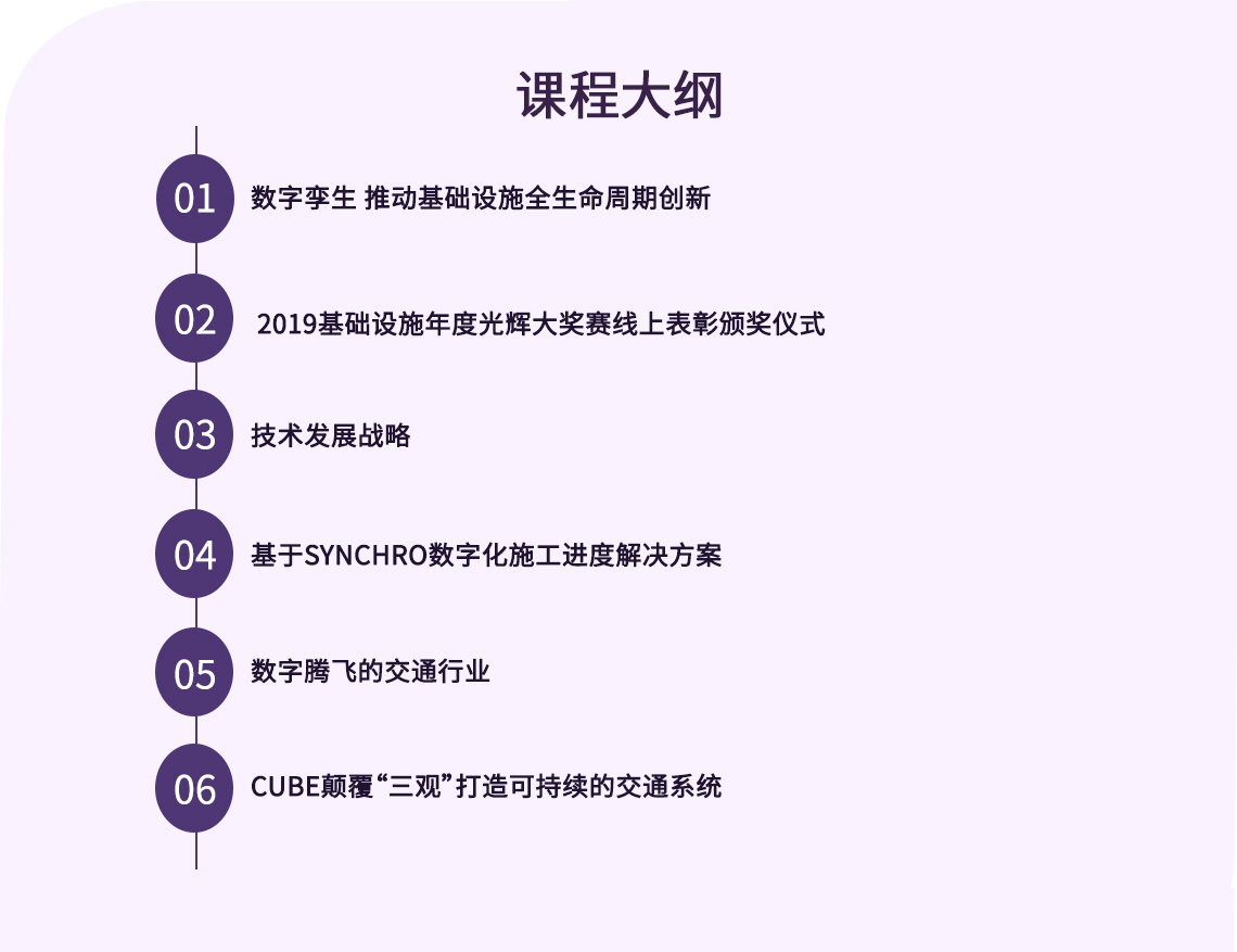 数字新基建，制胜新未来|Bentley软件在线技术峰会，课程大纲：数字孪生 推动基础设施全生命周期创新； 2019基础设施年度光辉大奖赛线上表彰颁奖仪式；基于SYNCHRO数字化施工进度解决方案