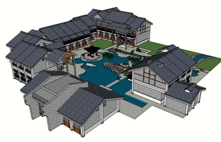 中国农村两层建筑资料下载-中国新古典徽派庭院式两层建筑SU模型