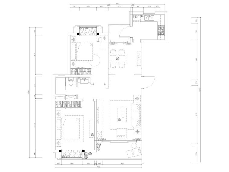 二居室样板间施工图资料下载-[上海]崇明83㎡现代二居室家装样板间施工图