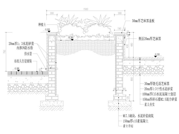 [上海]崇明售楼中心周边景观工程设计施工图-花坛剖面图