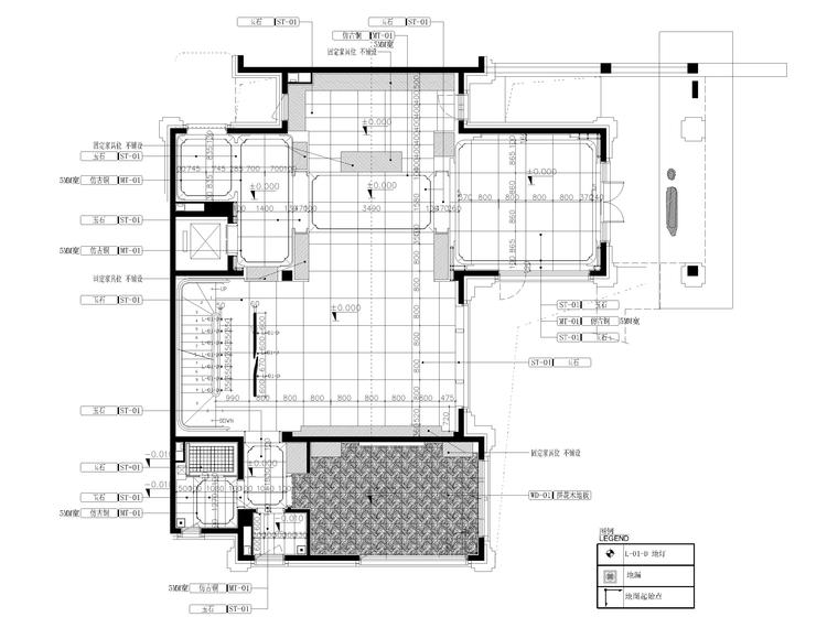 [北京]624㎡四居别墅样板间装修设计施工图-一层地面铺装图