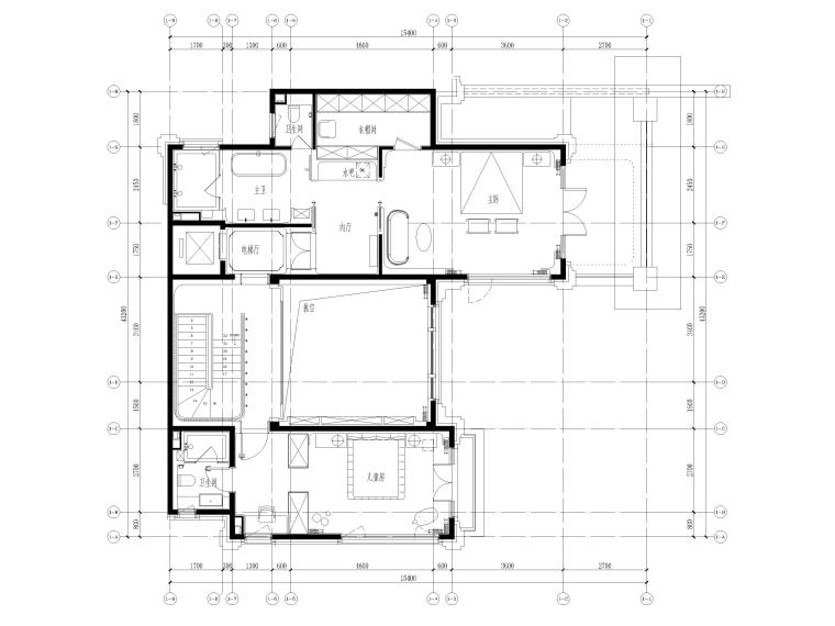 [北京]624㎡四居别墅样板间装修设计施工图-二层平面布置图