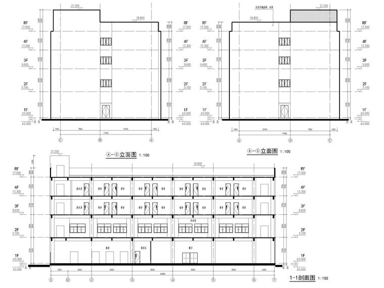 长沙智能终端产业双创孵化基地建筑施工图-餐厅立面图、剖面图