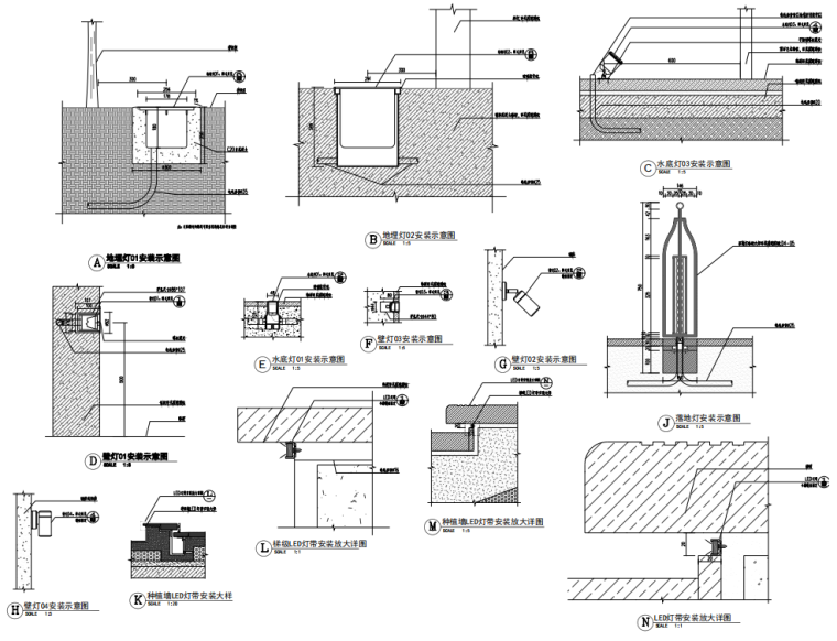 园林景观照明及园林景观水电施工图-灯具安装大样