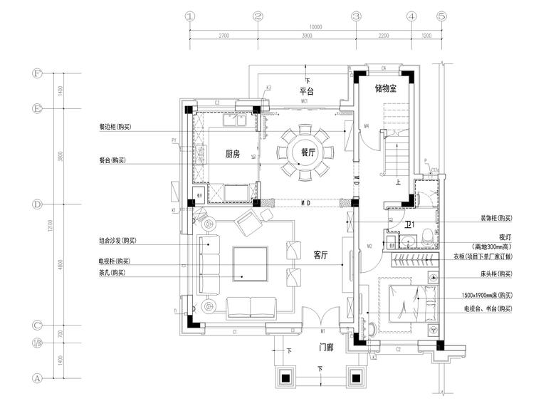 [广东]​285㎡简欧四居室别墅装修施工图-别墅一层平面布置图