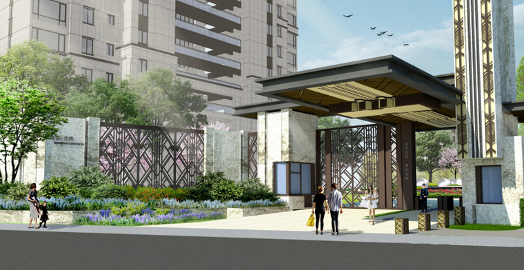 高档滨河住宅小区景观设计    主入口大门效果图