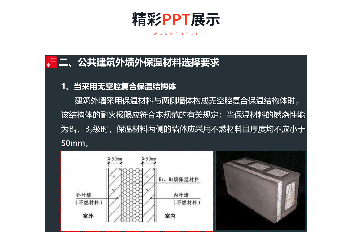 精彩PPT展示：民用建筑施工图疑难解析公共建筑保温防火要求，关键词：公共建筑，保温材料，规范说明