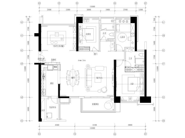 [深圳]壹方中心137㎡现代三居室家装施工图-平面布置图