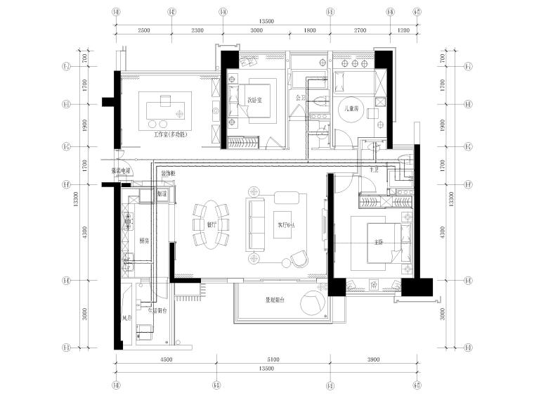 [深圳]壹方中心137㎡现代三居室家装施工图-给水布置图