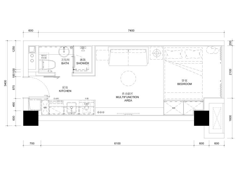 室内平层图纸资料下载-[贵州]21㎡现代平层公寓室内装修设计施工图