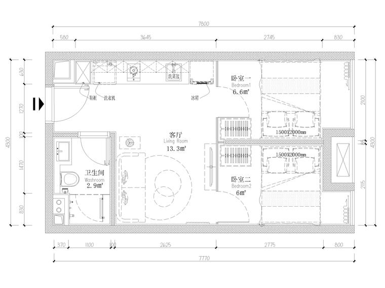 [貴州]28㎡二居平層公寓室內裝修設計施工圖