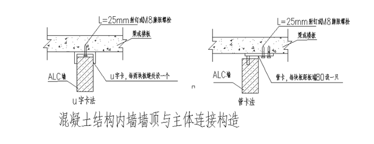 6层框架结构商业用房ALC墙体施工方案-02 混凝土结构内墙墙顶与主体连接构造