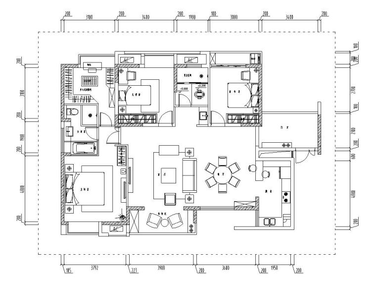 1室1厅平面资料下载-欧式风格156㎡3室2厅2卫住宅装修施工图设计