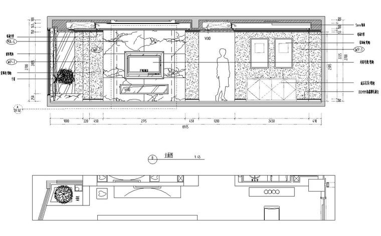 新中式风格163㎡住宅装修施工图+效果图-客厅立面图1