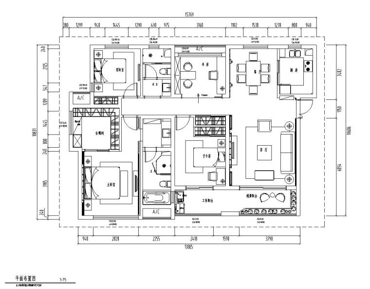 室内平层图纸资料下载-现代风格平层180㎡四室两厅施工图设计