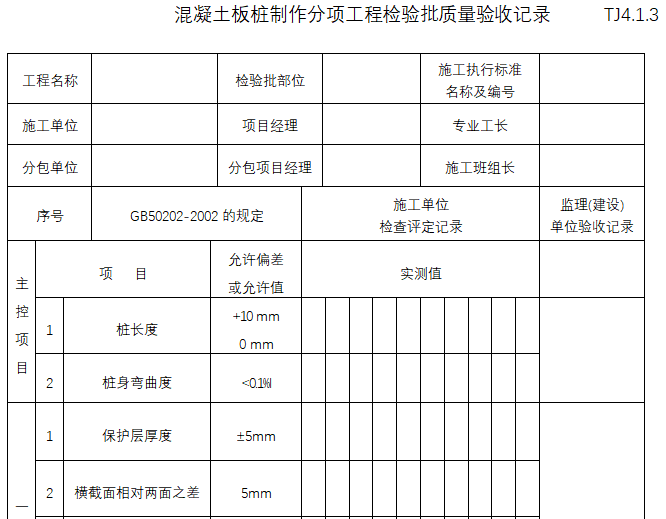 建筑土建工程验批质量检验记录表（188页）-混凝土板桩制作分项工程检验批质量验收记录