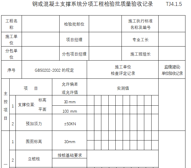 建筑土建工程验批质量检验记录表（188页）-钢或混凝土支撑系统分项工程检验批质量验收记录