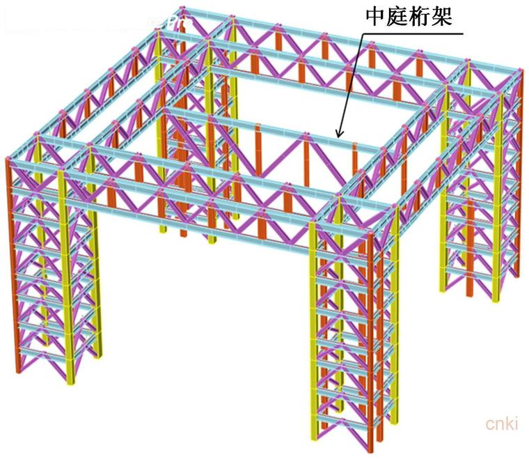 某框架支撑角筒悬挂复杂钢结构设计-角筒+中庭桁架模型