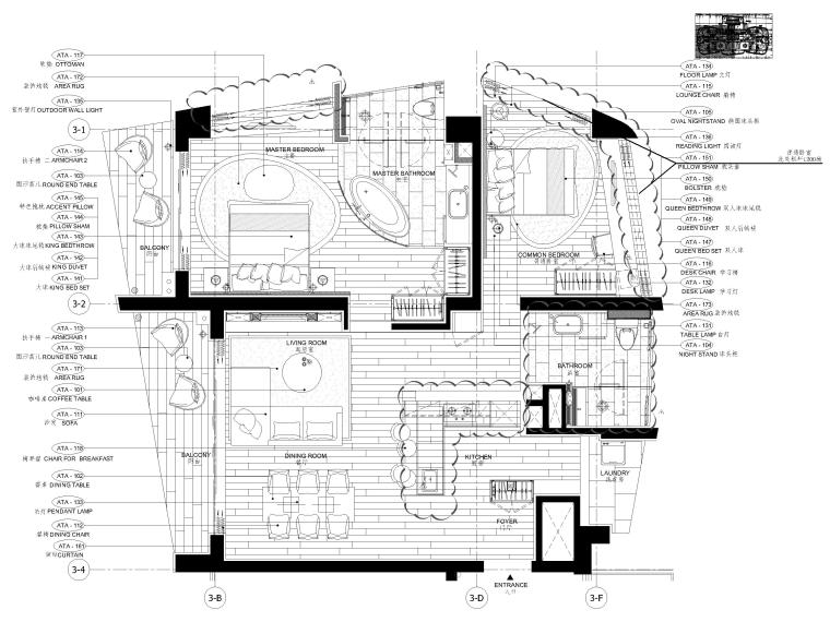 [三亚]山海天120㎡现代两居公寓设计施工图-家具平面布置图