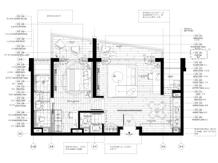 [三亚]山海天85㎡现代单人公寓设计施工图-家具平面布置图