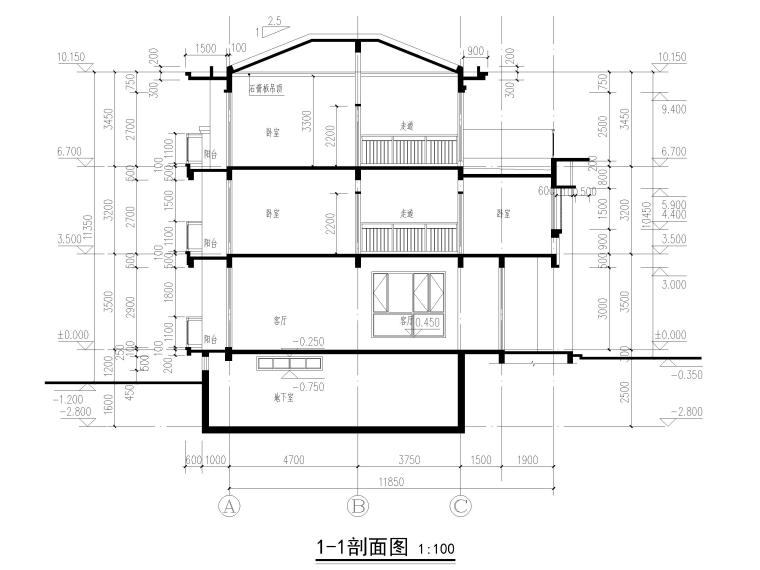 地上3层框剪结构联排别墅建筑施工图2017-剖面图