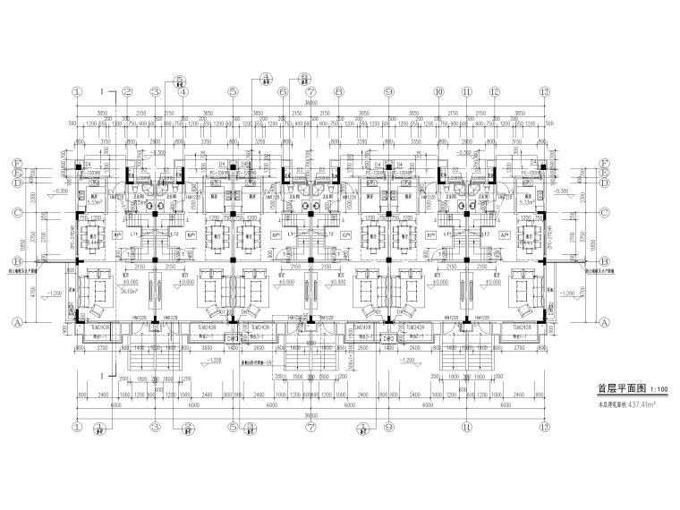 地上3层框剪结构联排别墅建筑施工图2017-首层平面图