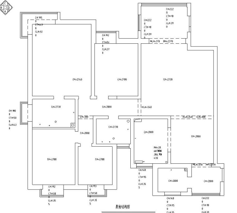 中式风格三室两厅住宅装修施工图设计-原始结构图