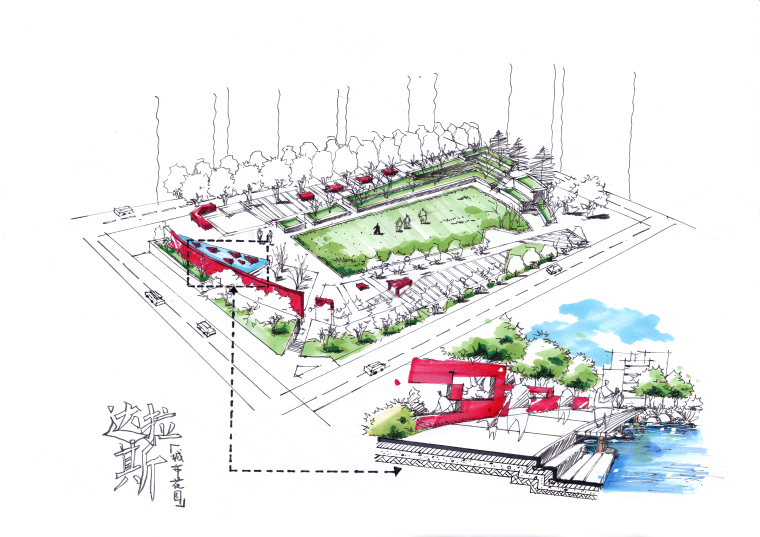 城市家具手绘效果图资料下载-城市花园设计手绘效果图6张-街旁绿地