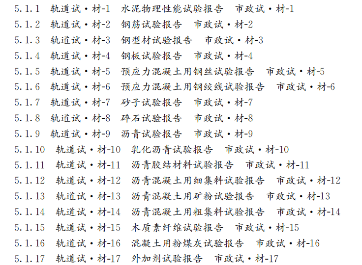 市政新统表目录_轨道和交通2019-材料_构配件_设备及器具检验报告