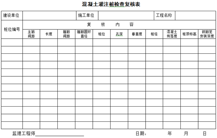 工程监理现场实测表（92页，齐全）-混凝土灌注桩检查复核表