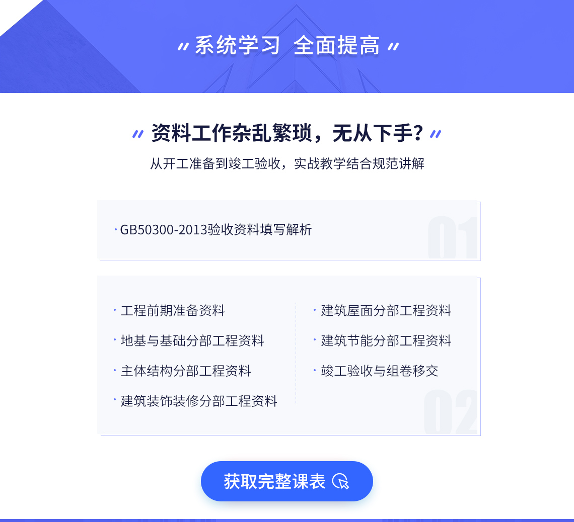 本课程以工程施工全流程的工程项目资料管理工作为主线，根据单位分部分项工程划分，结合GB50300-2013以及建设项目档案管理规范，展开地基基础工程资料、主体工程资料、装饰装修工程资料、屋面工程资料、建筑节能工程资料、竣工验收工程资料等六大板块的工程施工资料编制以及工程资料目录梳理、工程竣工资料组卷等工作的教学，让学员达到独立负责完整工程资料管理工作的优秀资料员水平！