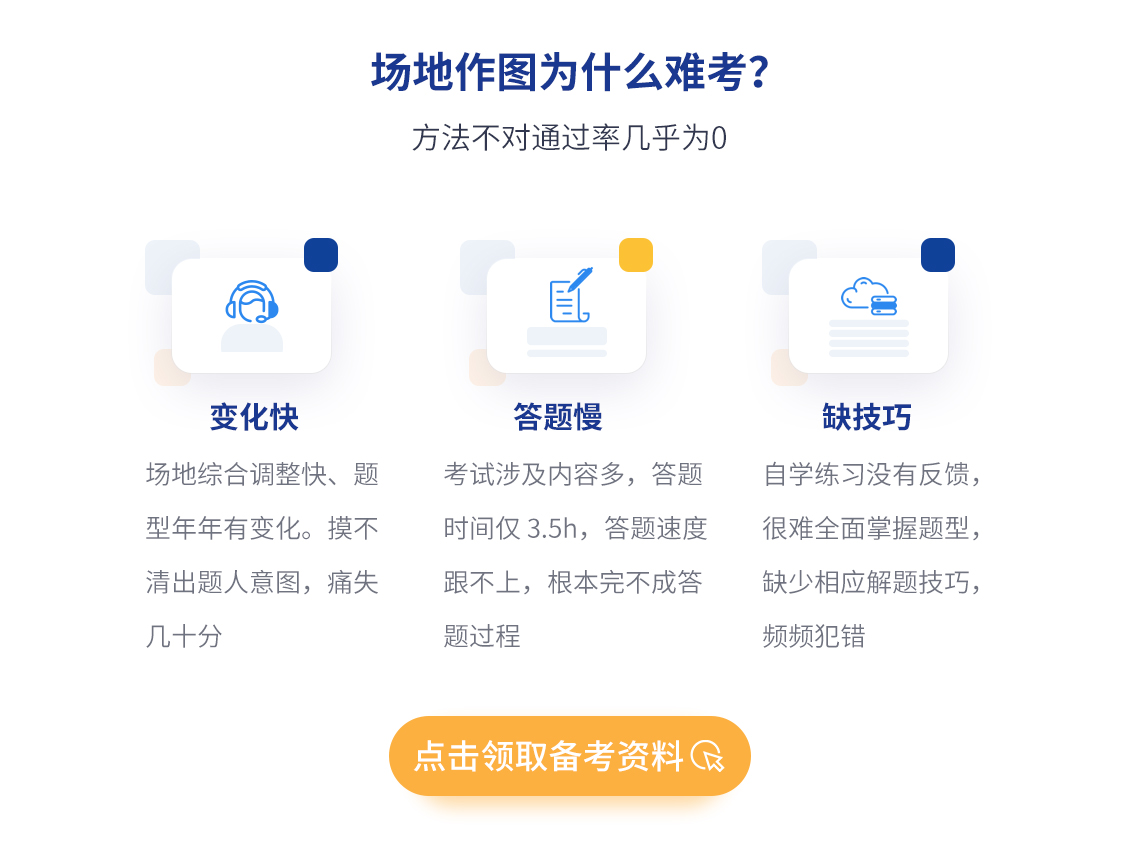 解决场地作图备考核心难题，带你解决场地综合快速调整导致的题型变化，抓不住出题人意图，读不懂出题人暗示；题目内容多，解题速度不够快导致的无法完成答题，自己练习没有反馈，不了解标准答案的解题技巧及思路等难题，助你通关考试