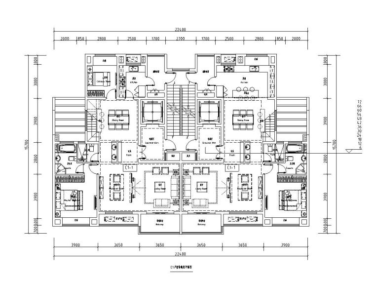 200平米平层四室户型图资料下载-知名企业C户型图（190平米纯复）