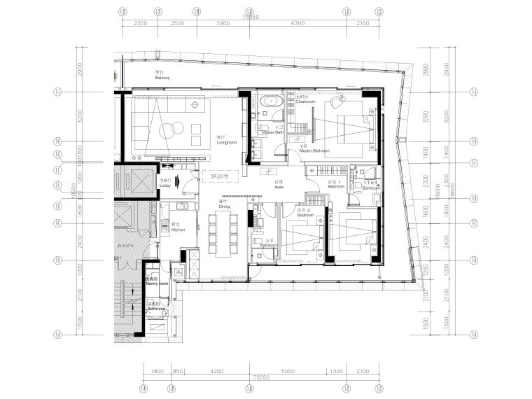 [深圳]176㎡现代三居家装样板间装修施工图-平面布置图