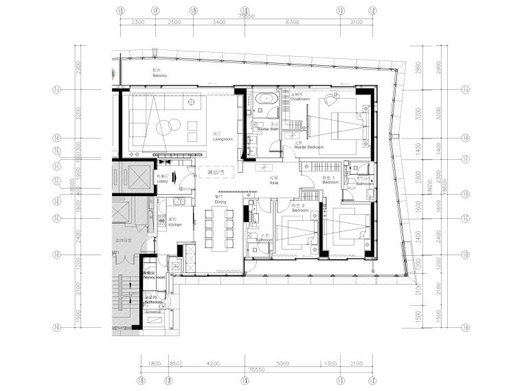 室内平层图纸资料下载-[深圳]192㎡三居平层家装样板间装修施工图