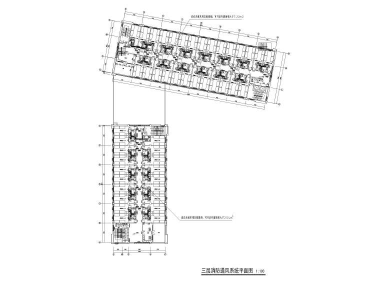 [贵州]产业园职工宿舍消防通风设计图纸-三层消防通风系统平面图