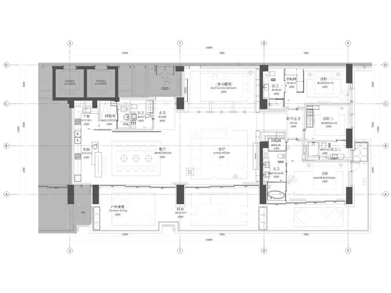 复式公寓一居室资料下载-[三亚]四季公寓355㎡三居样板间装修施工图