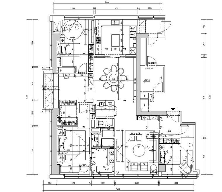 222 ㎡现代轻奢住宅装修施工图+效果图+模型-平面尺寸图