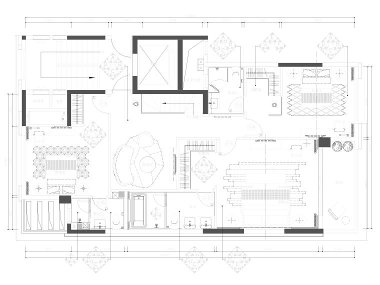 [郑州]288㎡四居上叠复式户型样板房施工图-二层平面布置图