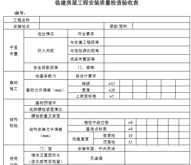 [北京]建设工程临建房屋技术标准（53页）-临建房屋工程安装质量检查验收表