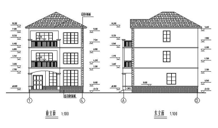 某小型乡村三层住宅混凝土结构施工图CAD-建筑立面图