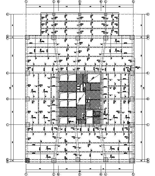旋转斜柱框架-核心筒超高层结构受力分析与设计资料下载-某超高层商业办公框架核心筒结构施工图CAD