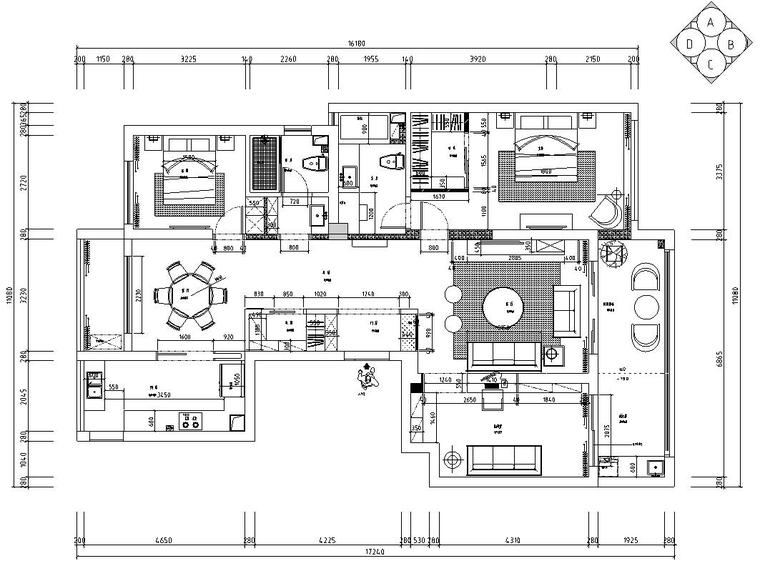 现代风格140㎡三居室住宅装修施工图设计-平面尺寸图