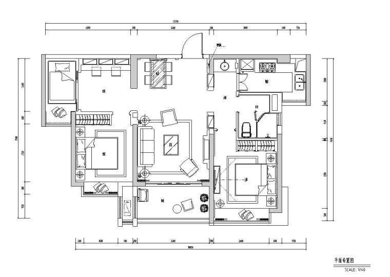 地知名地产风格3室2厅1卫住宅装修施工图设计-01 平面布置图