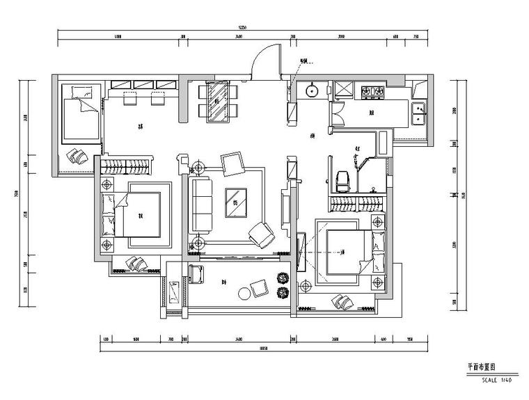 地中海风格3室2厅1卫住宅装修施工图设计