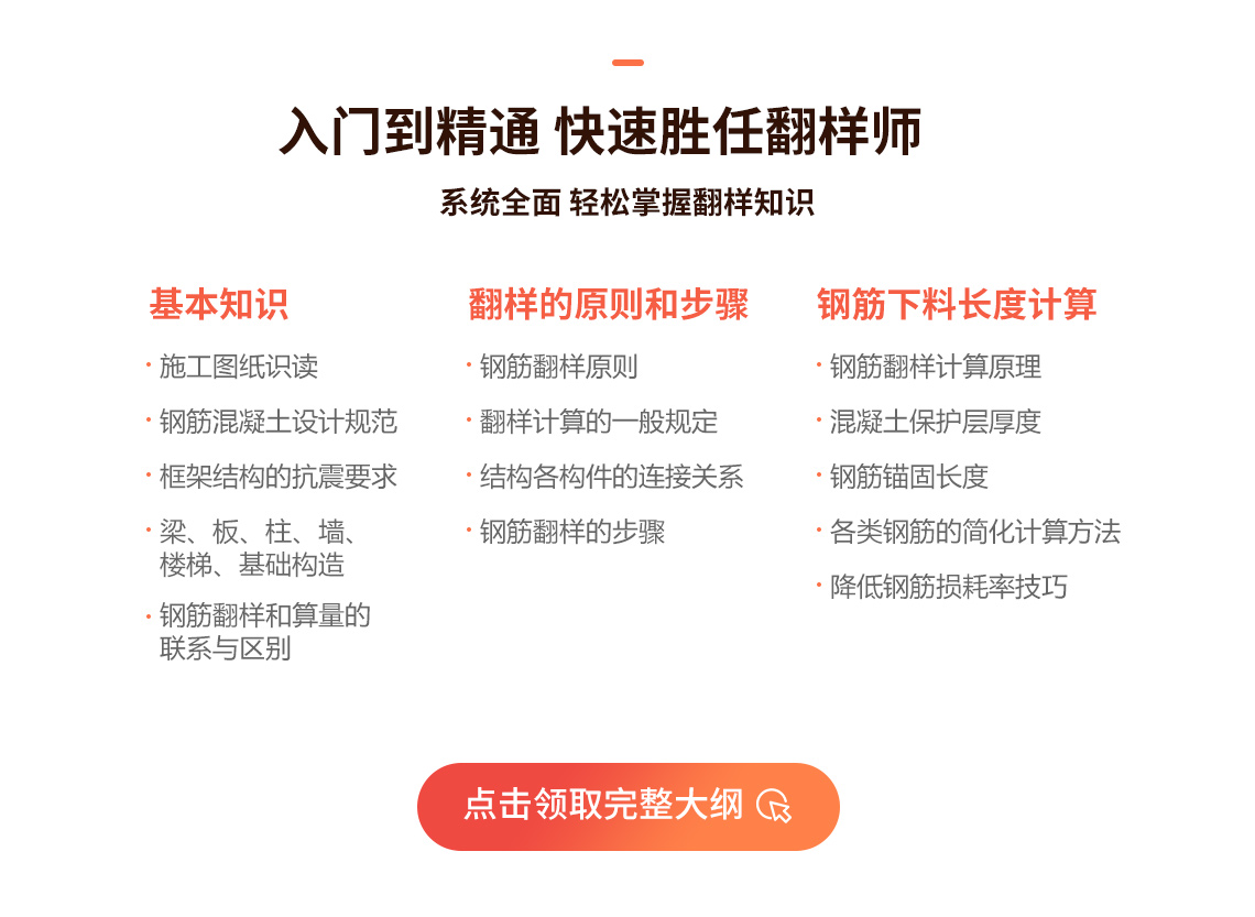 钢筋翻样电算训练营针对初入钢筋岗位人员，通过讲解钢筋翻样的基本知识、翻样的原则和步骤、学会识图算量、熟练掌握钢筋翻样电算技巧、使用钢筋云翻样软件实操提升工作效率、翻样计算结果准确且符合规范要求及现场施工需求、熟悉梁、板、柱、墙、基础等构件翻样的不同方法从而有效降低钢筋损耗率等，3个月独立做翻样、变身钢筋翻样师。