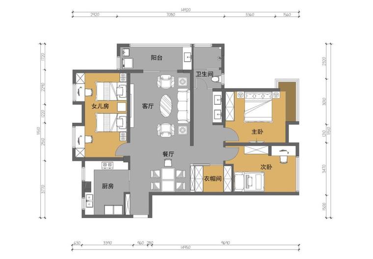 现代住宅室内方案资料下载-现代风格3室2厅1卫住宅装饰设计方案